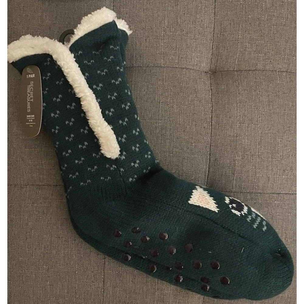 SECRET TREASURES Colossal Cozy Cat Print Faux Fur Slipper Socks Women's Sz 4-10